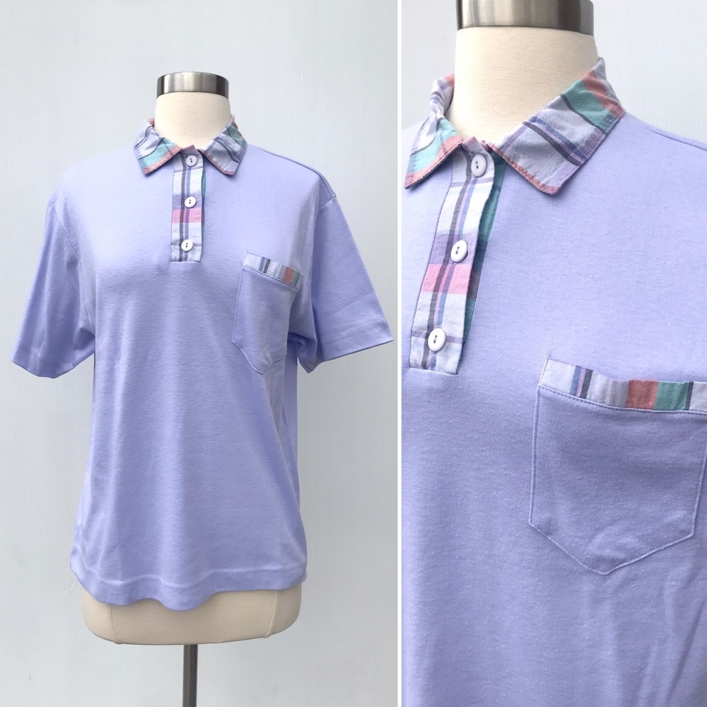 Vintage 80’s Jantzen pastel lavender plaid polo shirt top tennis